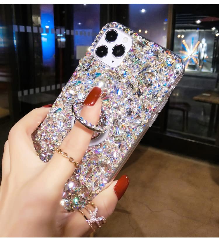 Sparkling Rhinestone Phone Case with Finger Ring Holder - iPhone 16 Pro Max