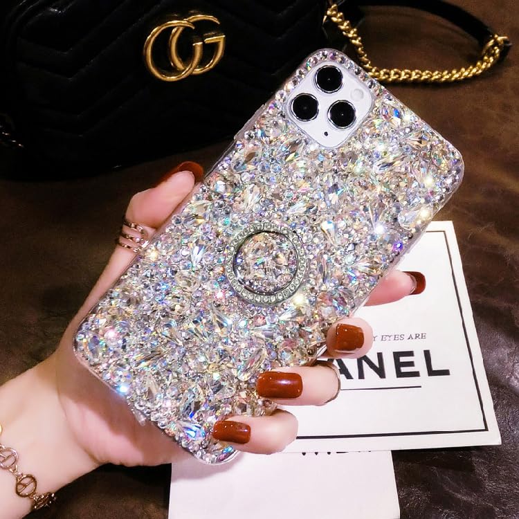 Sparkling Rhinestone Phone Case with Finger Ring Holder - iPhone 16 Pro Max
