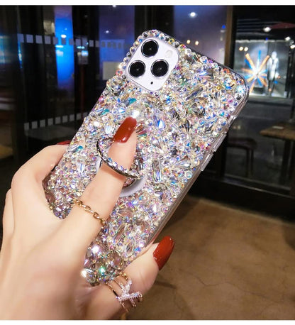 Sparkling Rhinestone Phone Case with Finger Ring Holder - iPhone 16 Pro Max