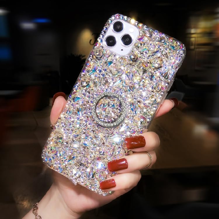 Sparkling Rhinestone Phone Case with Finger Ring Holder - iPhone 16 Pro Max
