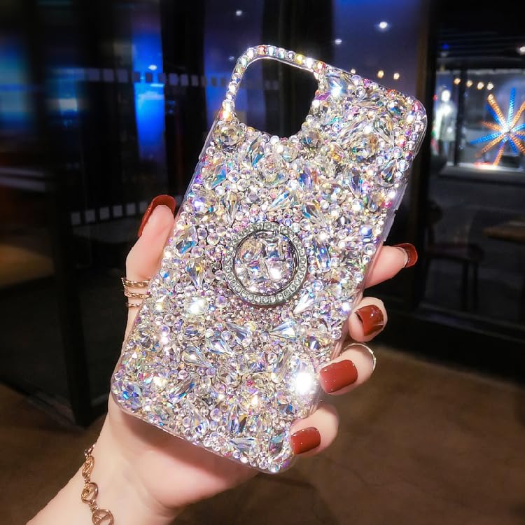 Sparkling Rhinestone Phone Case with Finger Ring Holder - iPhone 16 Pro Max